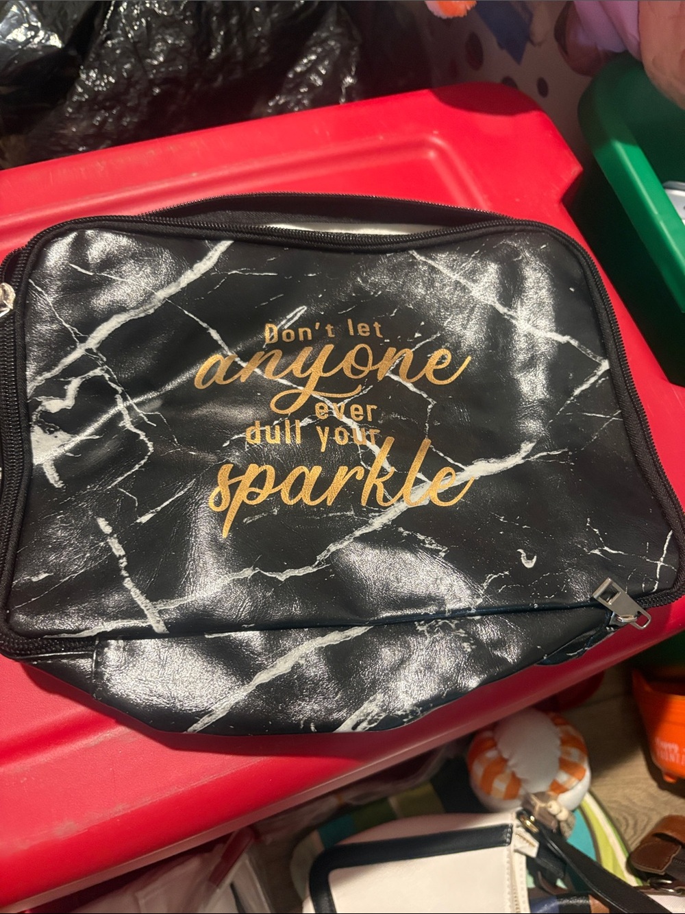Black Marble Cosmetic Bag with Gold Script